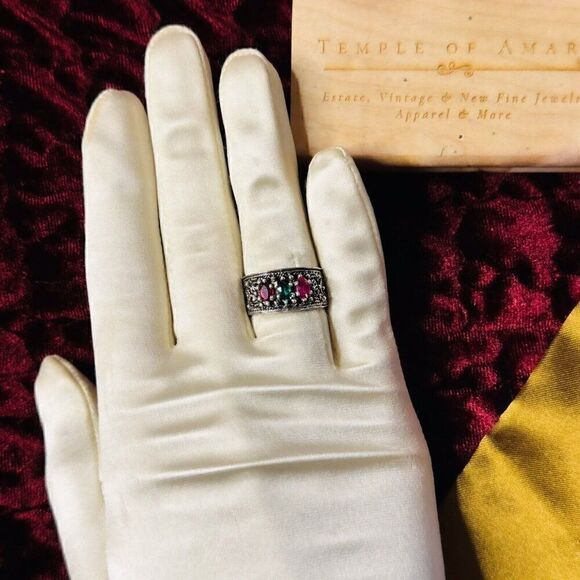 Vintage 10k White Gold Turkish Ring Sz 6.5 Ruby Emerald Sapphire 10mm Band 5.5g - Picture 12 of 16